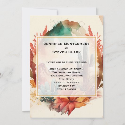 Waterverf woestijn cactus en bergen bruiloft kaart (Achterkant)