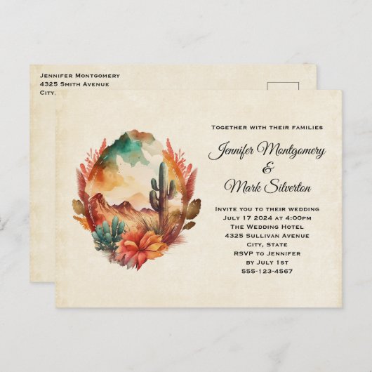 Waterverf woestijn cactus en bergen bruiloft uitnodiging briefkaart (Voorkant / Achterkant)