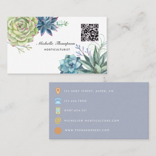 Waterverf Woestijn Cactus Succulenten QR Code Visitekaartje (Voorkant / Achterkant)