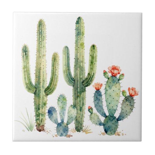 Waterverf Woestijn Cactus Tuin Tegeltje (Voorkant)