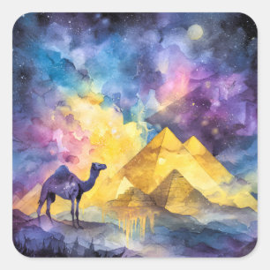 Waterverf Woestijn Galaxy Kameel Piramide Reizen Vierkante Sticker