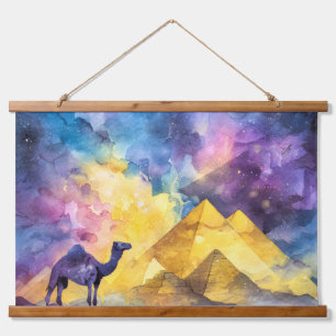 Waterverf Woestijn Sterrenstelsel Kameel Piramide Hangend Wandkleed