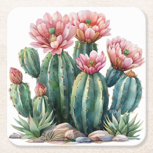 Waterverf woestijnbloemen cactussen. kartonnen onderzetters (Voorkant)