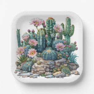 Waterverf woestijnbloemen cactussen. papieren bordje
