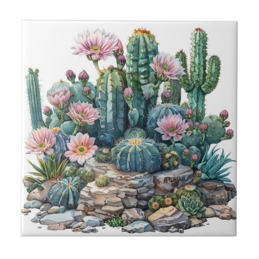 Waterverf woestijnbloemen cactussen. tegeltje (Voorkant)