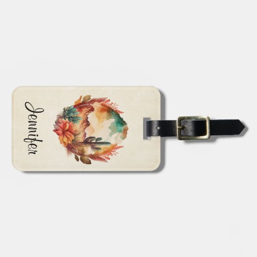 Waterverf woestijncactus en bergen bagagelabel (Voorkant horizontaal)