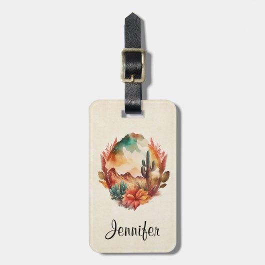 Waterverf woestijncactus en bergen bagagelabel (Voorkant verticaal)