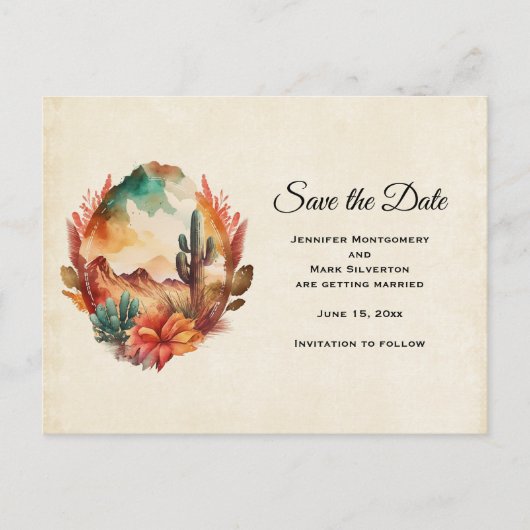 Waterverf woestijncactus en bergen uitnodiging briefkaart (Voorkant)