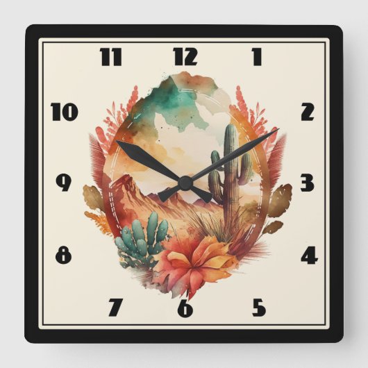 Waterverf woestijncactus en bergen vierkante klok (Voorkant)
