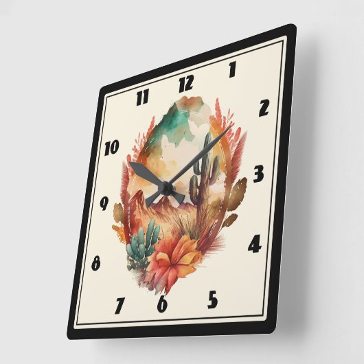 Waterverf woestijncactus en bergen vierkante klok (Hoek)