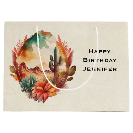 Waterverf woestijncactus en gebergte verjaardag groot cadeauzakje (Voorkant)