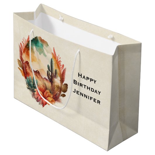 Waterverf woestijncactus en gebergte verjaardag groot cadeauzakje (Voorkant Gekanteld)