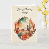 Waterverf woestijncactus en gebergte verjaardag kaart (Gele Bloem)