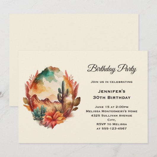 Waterverf woestijncactus en gebergte verjaardag kaart (Voorkant / Achterkant)