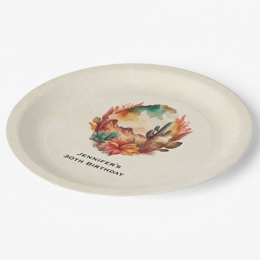 Waterverf woestijncactus en gebergte verjaardag papieren bordje (Gekanteld)