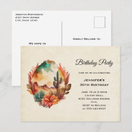 Waterverf woestijncactus en gebergte verjaardag uitnodiging briefkaart