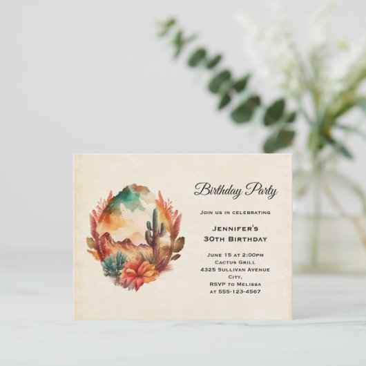 Waterverf woestijncactus en gebergte verjaardag uitnodiging briefkaart (Staand voorkant)