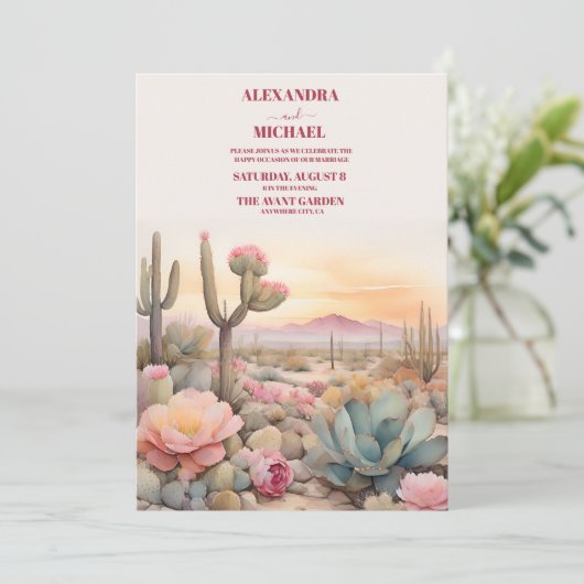 Waterverf woestijncactus geïllustreerde bruiloft kaart (Staand voorkant)