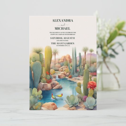 Waterverf woestijncactus landschapsbruiloft kaart (Staand voorkant)