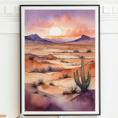 Waterverf woestijnlandschap met zonsondergang en c poster