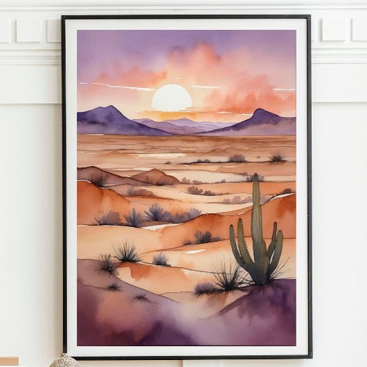 Waterverf woestijnlandschap met zonsondergang en c poster