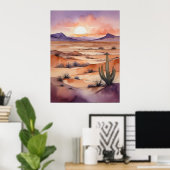 Waterverf woestijnlandschap met zonsondergang en c poster (Thuiskantoor)