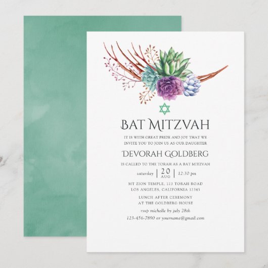 Waterverf Woestijnvetplanten Bat Mitzvah Kaart (Voorkant / Achterkant)