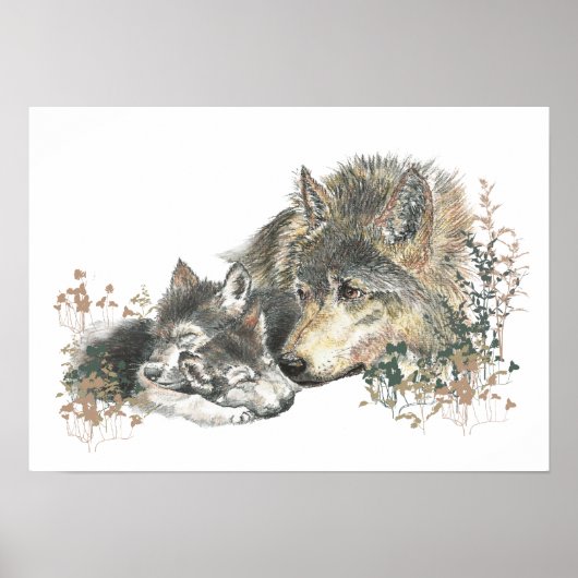 Waterverf Wolf & Cub Animal Art Poster (Voorkant)