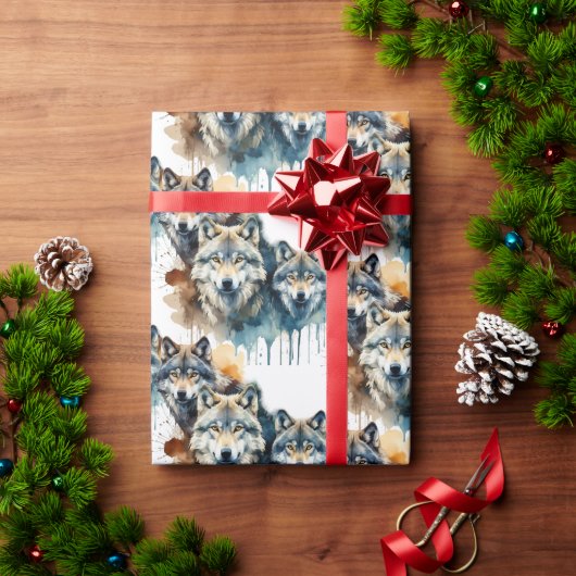 Waterverf Wolf Familie Dier Natuur Kunst Cadeaupapier (Feestdagen Geschenken)