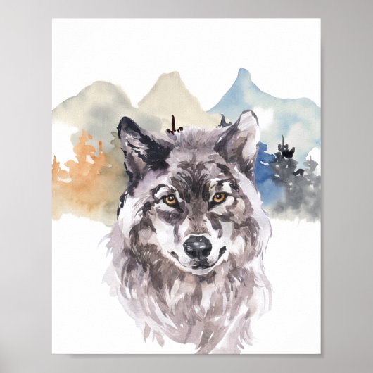 Waterverf Wolf Forest Nursery Child Woodland Poster (Voorkant)