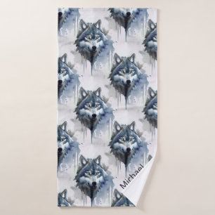 Waterverf Wolf Head Dusty Blue Badhanddoek