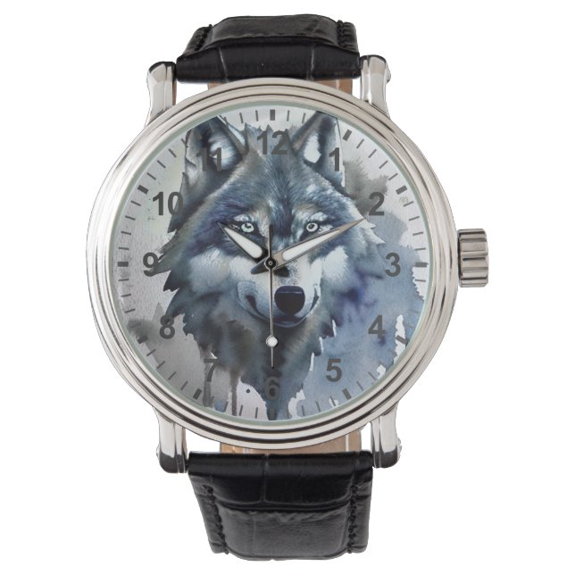 Waterverf Wolf Head Dusty Blue Horloge (Voorkant)