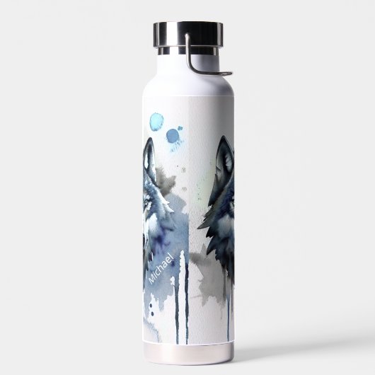 Waterverf Wolf Head Dusty Blue Monogram Waterfles (Links)