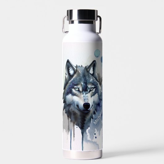 Waterverf Wolf Head Dusty Blue Monogram Waterfles (Voorkant)