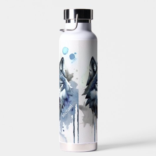 Waterverf Wolf Head Dusty Blue Monogram Waterfles (Rechts)