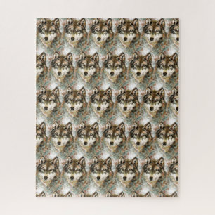Waterverf Wolf Head, grijze zwarte kleuren Legpuzzel