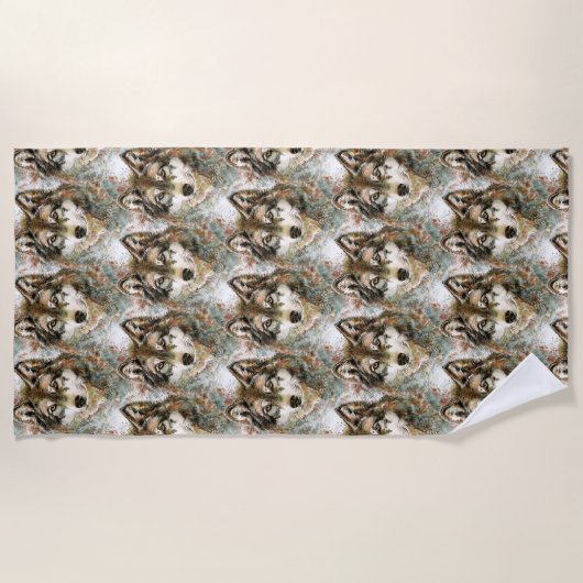 Waterverf Wolf Head, grijze zwarte kleuren Strandlaken (Voorkant)