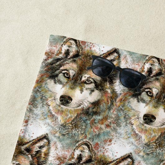 Waterverf Wolf Head, grijze zwarte kleuren Strandlaken (In situ)