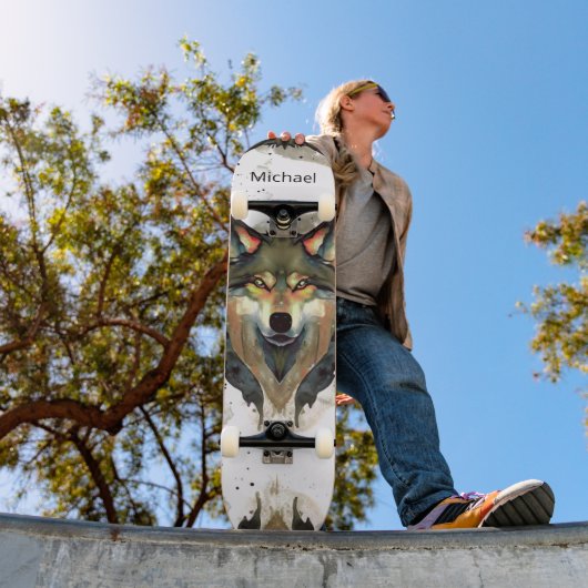 Waterverf Wolf Head Warm Tones Monogram Persoonlijk Skateboard (Buiten 1)