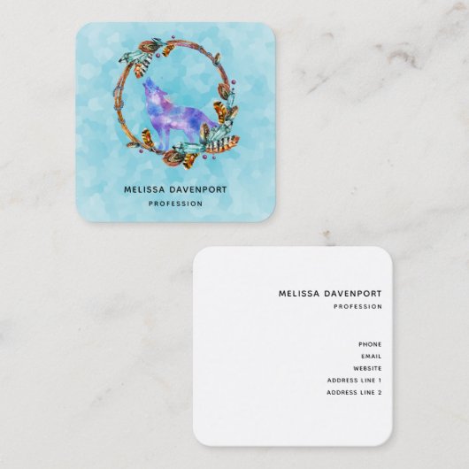 Waterverf Wolf Howling in een Boho stijl kransbus Vierkante Visitekaartje (Voorkant / Achterkant)