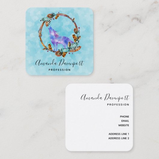 Waterverf Wolf Howling in een Boho stijl kransbus Vierkante Visitekaartje (Voorkant / Achterkant)