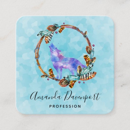 Waterverf Wolf Howling in een Boho stijl kransbus Vierkante Visitekaartje (Voorkant)