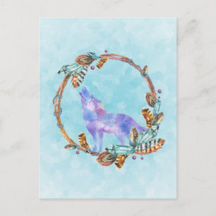 Waterverf Wolf Howling in een Boho Style Wreater Briefkaart