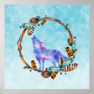 Waterverf Wolf Howling in een Boho Style Wreater Poster