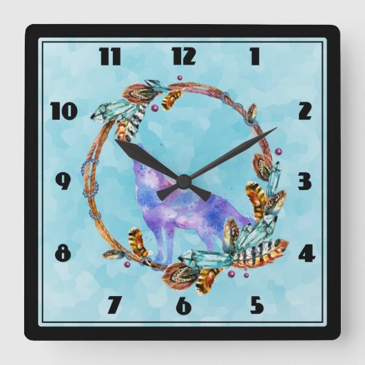 Waterverf Wolf Howling in een Boho Style Wreater Vierkante Klok (Voorkant)