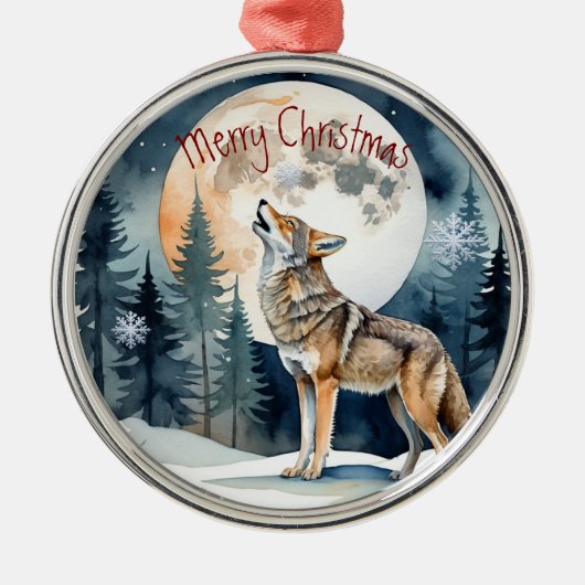 Waterverf Wolf Howling Moon Winter Dierlijke kunst Metalen Ornament (Voorkant)