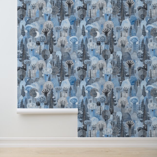 Waterverf Wolf In De Winternacht Bosblauw Behang (Applicatie)