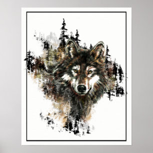 Waterverf Wolf met bergkunst Poster