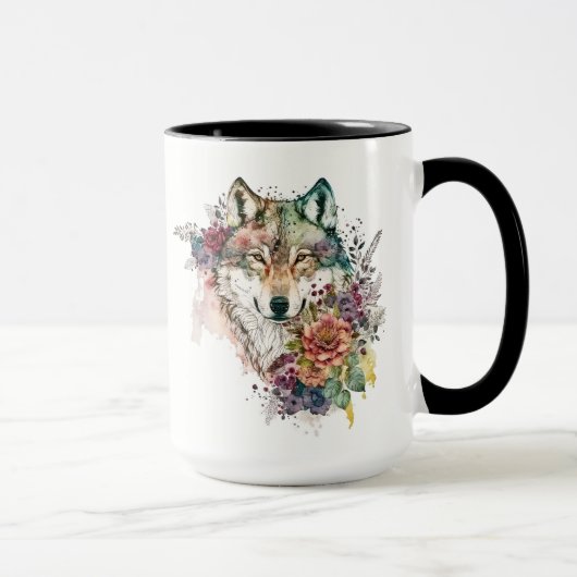 Waterverf Wolf met bloemen in Natuur Mok (Rechts)