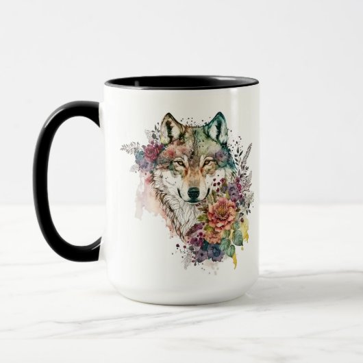 Waterverf Wolf met bloemen in Natuur Mok (Links)